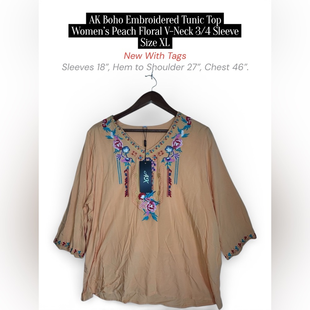 AK Boho Embroidered Tunic Top – Peach Floral – Size XL (NWT)